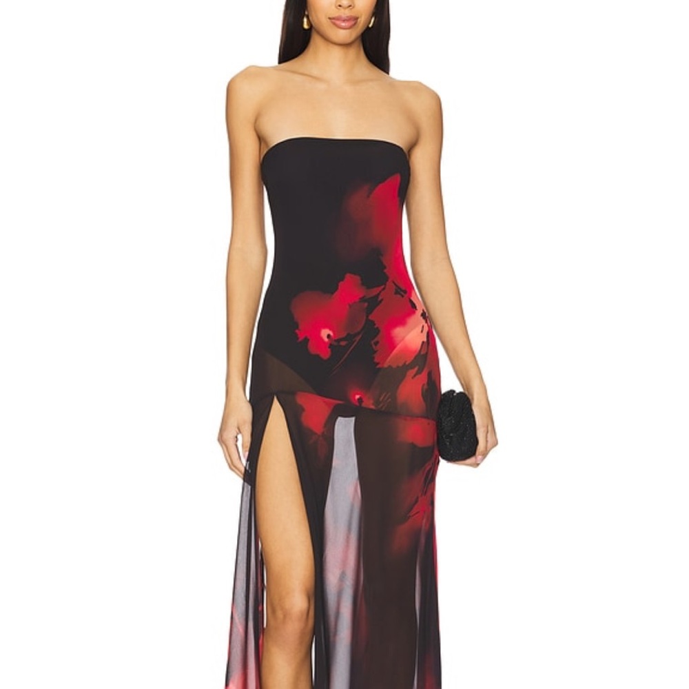NBD Black and Red Strapless Bodycon Dress with Slit